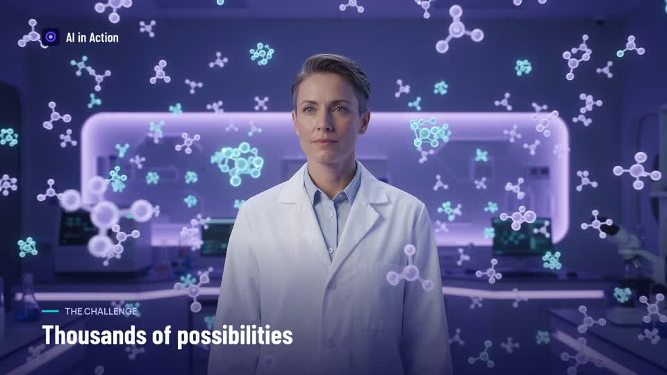 Thousands of targets and molecules float around a scientist.