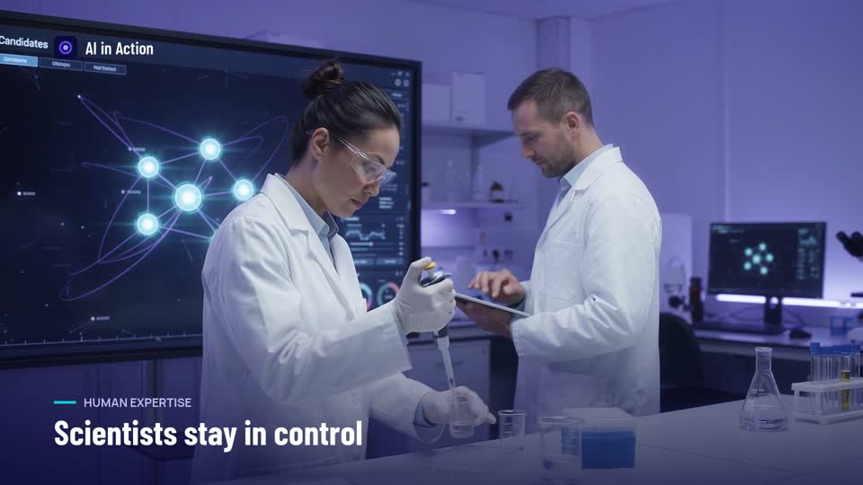 Scientists review ranked candidates and run a focused experiment.